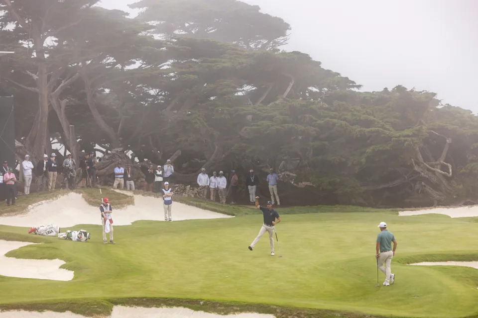 Stewart Hagestad reacts after winning his match on the 15th hole during singles at the 2025 Walker Cup at Cypress Point Club in Pebble Beach, California.