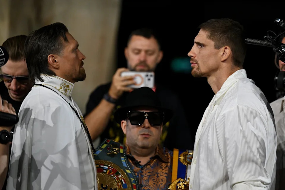 Usyk facing off with Rico Verhoeven in Egypt this week (Getty)