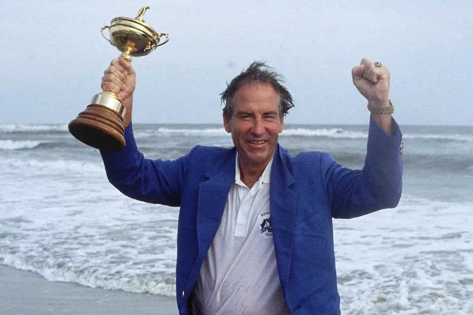 Dave Stockton celebrates on the beach with the Ryder Cup in 1991 after winning at Kiawah Island in South Carolina.