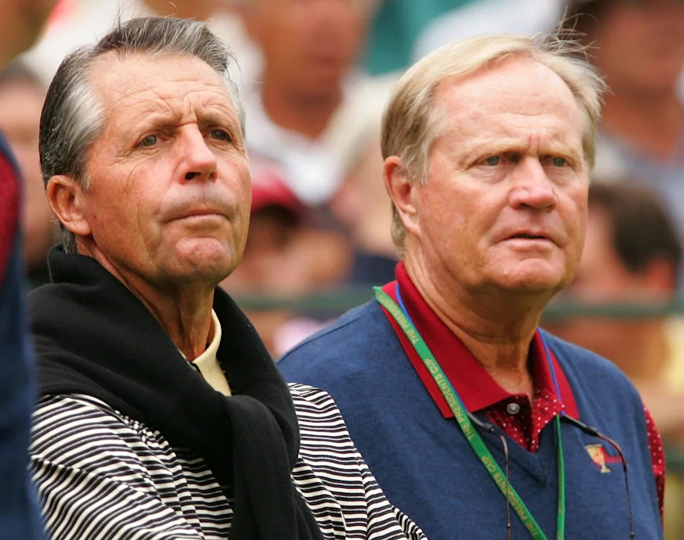 U.S. team captian, Jack Nicklaus (R), waits on the first tee alongside International team captain, Gary Player, during the Sunday Singles Matches at the 2005 Presidents Cup on September 25, 2005 at Robert Trent Jones Golf Club in Gainesville, Virginia.