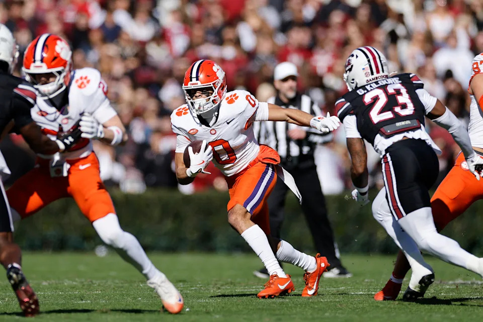 COLUMBIA, SC - NOVEMBER 29: Antonio Williams #0 of the Clemson Tigers runs with the ball during a college football game against the South Carolina Gamecocks on November 29, 2025 at Williams-Brice Stadium in Columbia, South Carolina. (Photo by Joe Robbins/Icon Sportswire via Getty Images)
