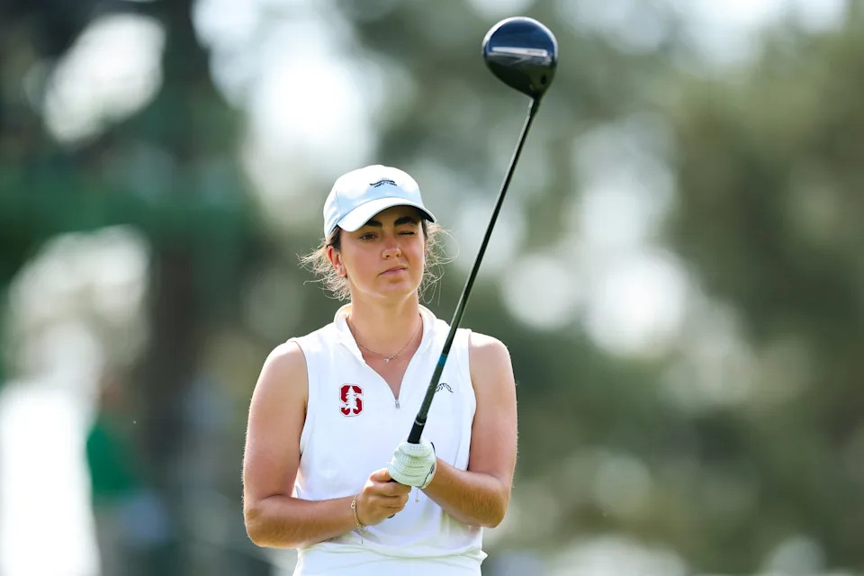Andrea Revuelta of Spain looks to play a shot from the third hole tee during the third round of the Augusta National Women's Amateur at Augusta National Golf Club on April 04, 2026 in Augusta, Georgia.