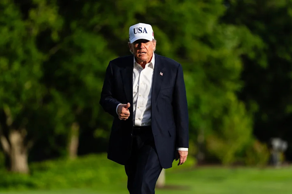Donald Trump walks on the South Lawn of the White House after arriving on Marine One in Washington, DC, US, on Friday, May 15, 2026. Bloomberg via Getty Images