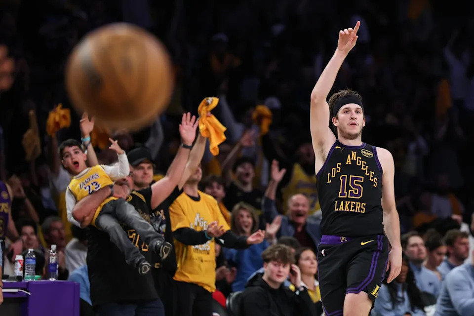 Lakers star Austin Reaves celebrates after shooting a three-pointer against the Thunder on Monday.