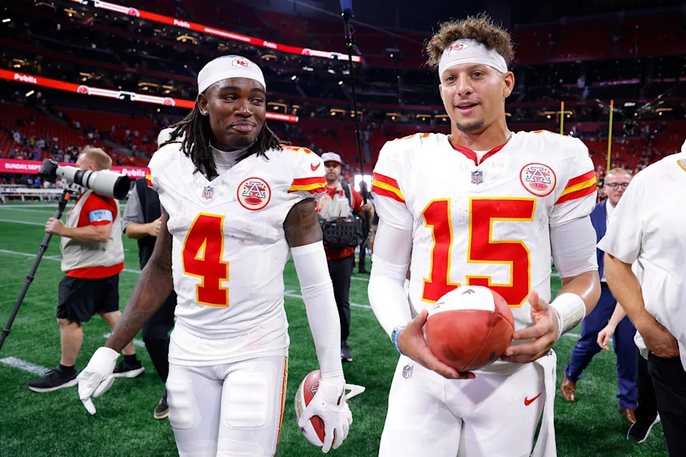 ATLANTA, GEORGIA - SEPTEMBER 22: Rashee Rice #4 and Patrick Mahomes #15 of the Kansas City Chiefs walk off the field after a win over the Atlanta Falcons at Mercedes-Benz Stadium on September 22, 2024 in Atlanta, Georgia. (Photo by Todd Kirkland/Getty Images)