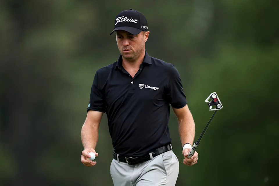 Justin Thomas looks on while playing the ninth hole during the third round of the Truist Championship 2026 at Quail Hollow Country Club on May 09, 2026 in Charlotte, North Carolina.