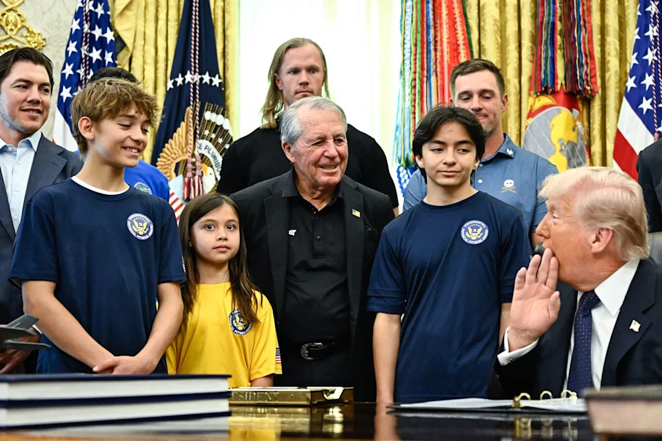 Gary Player looks on as US President Donald Trump speaks before signing a proclamation to revive the Presidential Fitness Test Award, a competitive school-based fitness program, in the Oval Office of the White House in Washington, DC on May 5, 2026.