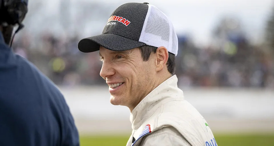 Matt Hirschman, driver of #60 Bar Harbor Bank & Trust; Pee Dee Motorsports Modified reacts during the Icebreaker 150 for the NASCAR Whelen Modified Tour at Thompson Speedway Motorsports Park on April 12, 2025 in Thompson, Connecticut. (Rachel O‘Driscoll/NASCAR)
