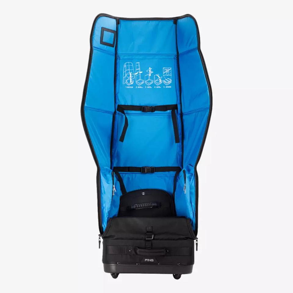 A large black travel case stands open upright, revealing a bright blue interior with black straps and white diagrams showing packing instructions for different sports gear, including tips for packing the best golf rangefinders securely.
