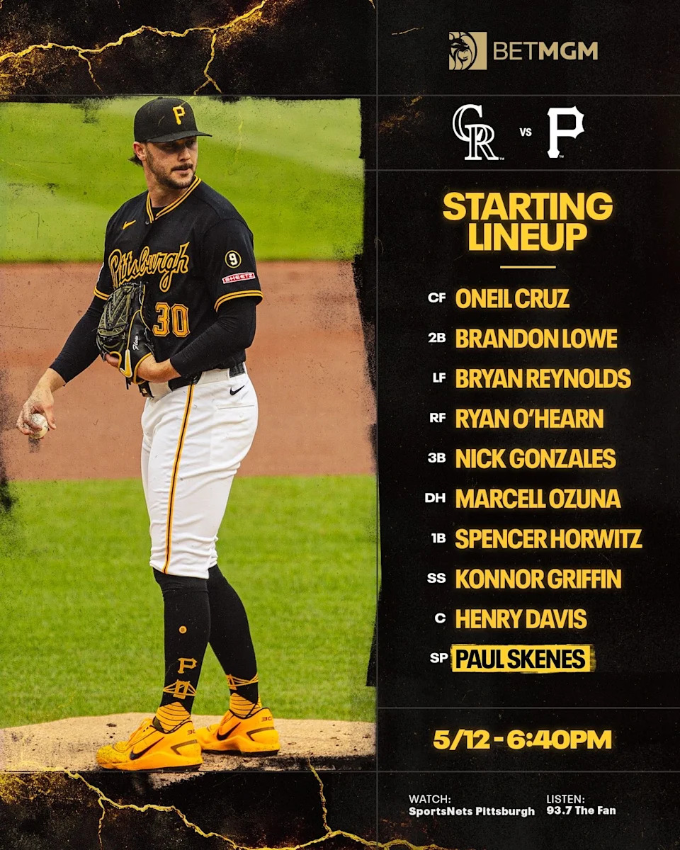 Pittsburgh Pirates Lineup vs. Colorado Rockies (5.12.26) — Cruz, Lowe, Reynolds, O’Hearn, Gonzales, Ozuna, Horowitz, Griffin, Davis with Skenes Pitching