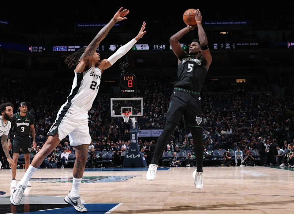 Anthony Edwards, who scored 32 points, shoots a jumper during the Timberwolves’ Game 3 loss to the Spurs. NBAE via Getty Images