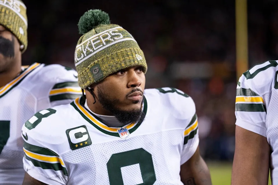 Josh Jacobs of the Green Bay Packers looks on prior to an NFL wild card playoff game against the Chicago Bears at Soldier Field on January 10, 2026 in Chicago, Illinois. Getty Images