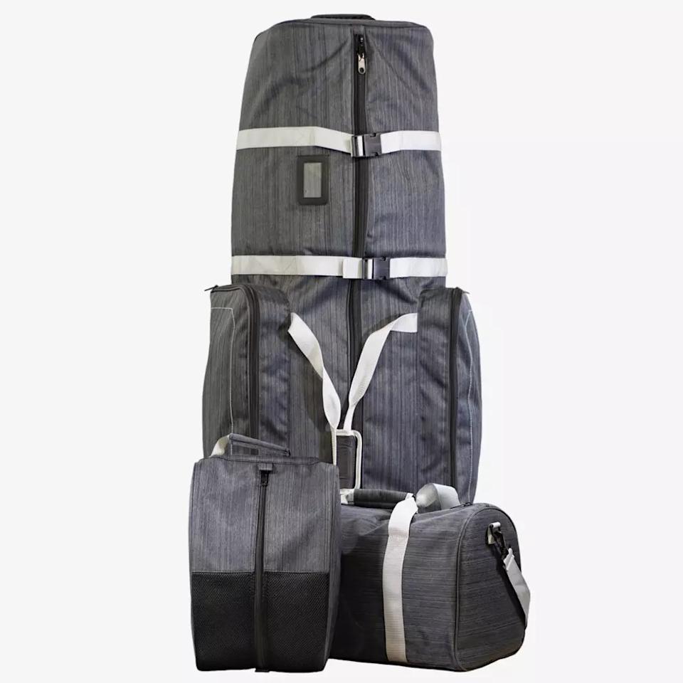 Four grey travel bags of different sizes, stacked vertically. The bags feature white straps and zippers—ideal companions for trips to the course with your best golf rangefinders—shown as a backpack, two duffel bags, and one rectangular bag.