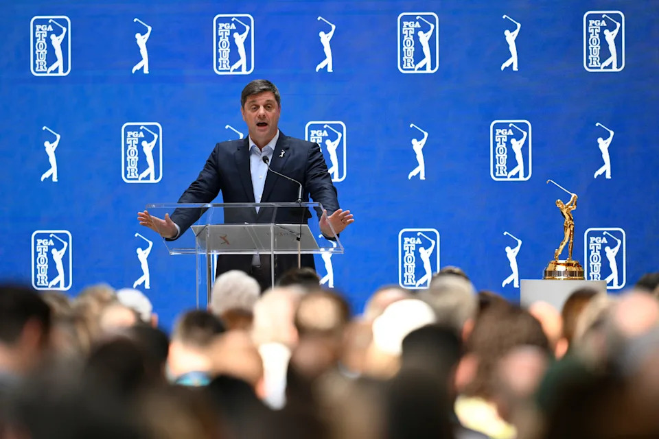 Brian Rolapp, CEO of the PGA Tour, speaks to the media prior to THE PLAYERS Championship 2026 at THE PLAYERS Stadium course at TPC Sawgrass on March 11, 2026 in Ponte Vedra Beach, Florida.
