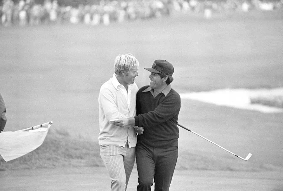 First to congratulate Jack Nicklaus on his victory in the U.S. Open at Pebble Beach was the man he deposed, Lee Trevino, who won the 1971 title in an 18-hole playoff with Nicklaus, June 19, 1972. They're walking off the 18th green after Nicklaus captured the title by three strokes with a two-over-par 290 total.