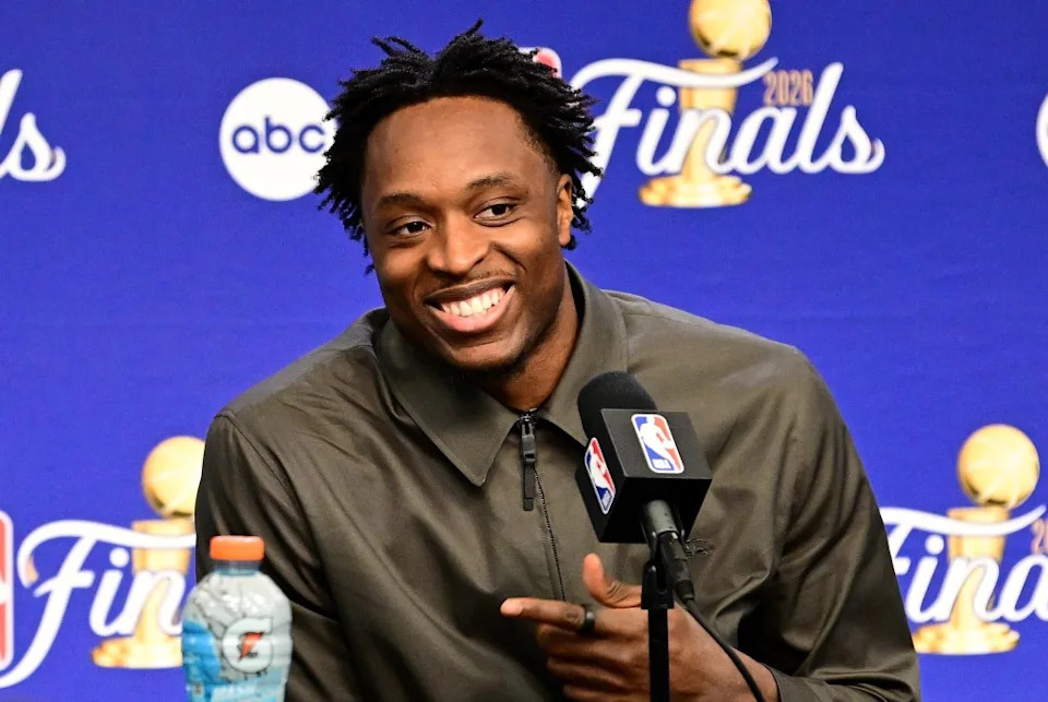 OG Anunoby is all smiles as he talks to the media after the Knicks’ historic Game 4 win over the Spurs. NBAE via Getty Images
