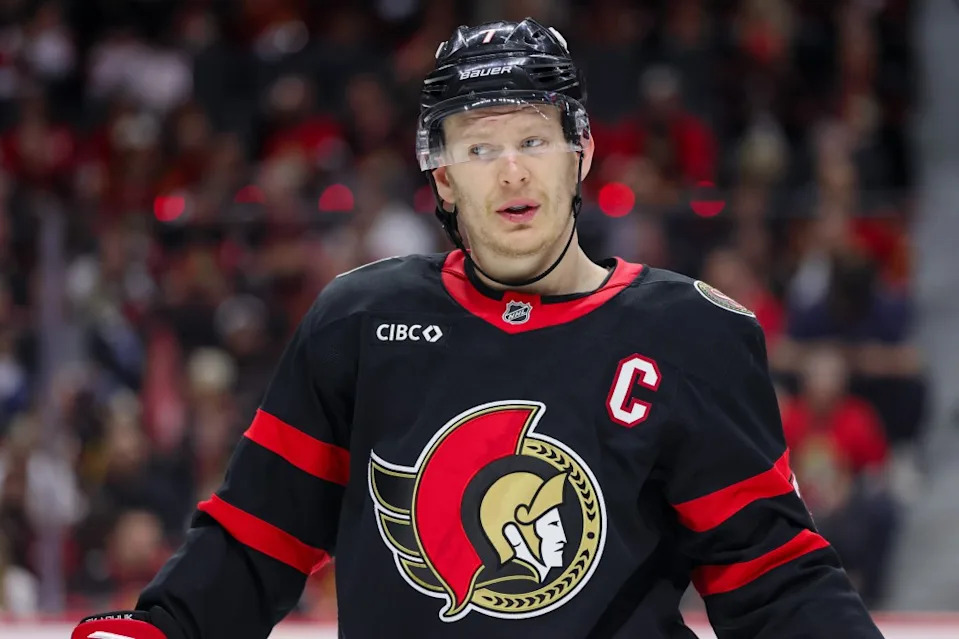 Brady Tkachuk seen against the Carolina Hurricanes in Round 1, Game 4 of the 2026 Stanley Cup Playoffs on April 25, 2026, in Ottawa, ON, Canada. Icon Sportswire via Getty Images