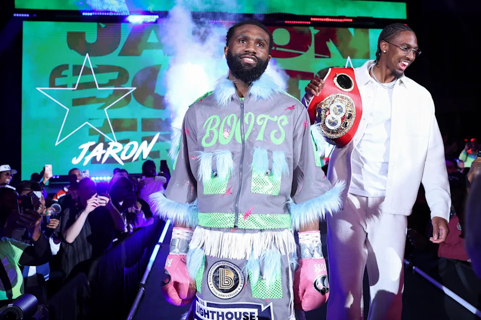 ATLANTIC CITY, NEW JERSEY - APRIL 12: Jaron Ennis (L) walks to the ring for his fight versus Eimantas Stanionis for the Ring Magazine, IBF world & WBA world welterweight titles at Jim Whelan Boardwalk Hall on April 12, 2025 in Atlantic City, New Jersey. (Photo by Mark Robinson/Matchroom Boxing/Getty Images)