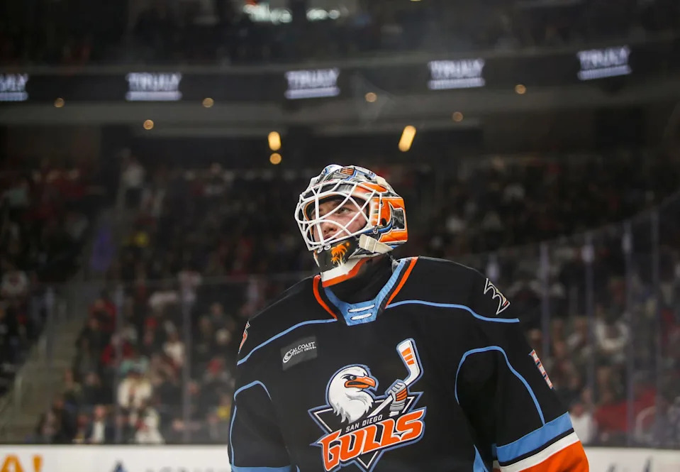 San Diego goaltender Tomas Suchanek (30) skates out of the goal during a break in play in the first period of their game at Acrisure Arena in Palm Desert, Calif., Wednesday, Dec. 27, 2023.