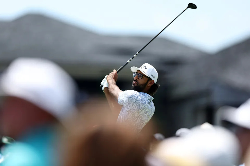 Akshay Bhatia plays his shot from the first tee during the second round of the 2026 Memorial Tournament at Muirfield Village Golf Club.