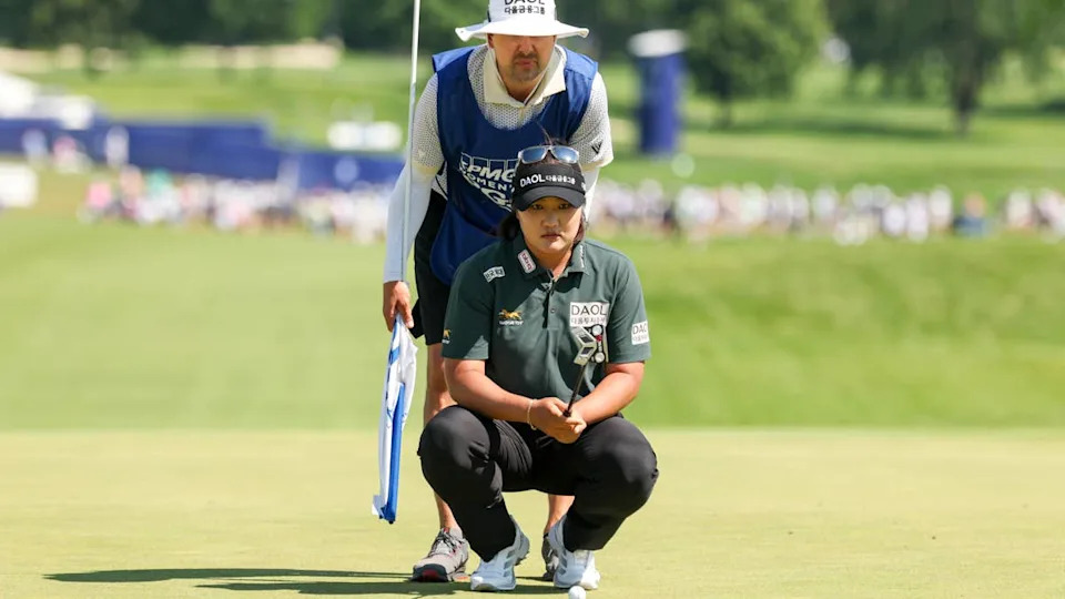 Haeran Ryu reads her putt with her caddie on the 18th hole during the third round of the KPMG Women's PGA Championship at Hazeltine National Golf Club on Saturday, June 27, 2026 in Chaska, Minnesota. (Photo by Scott Taetsch/PGA of America.