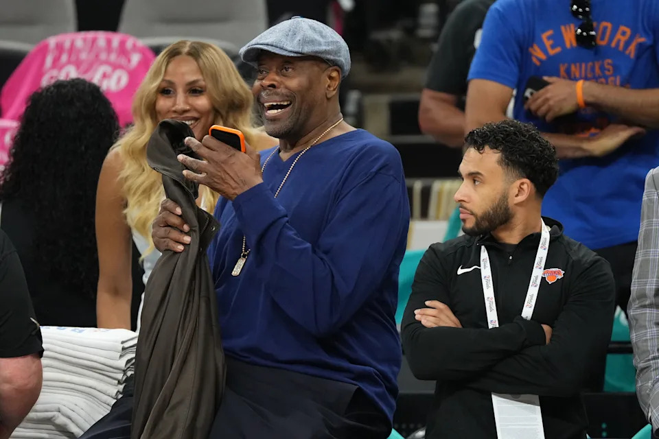 Former New York Knicks Patrick Ewing reacts before game one of the 2026 NBA Finals at Frost Bank Center.
