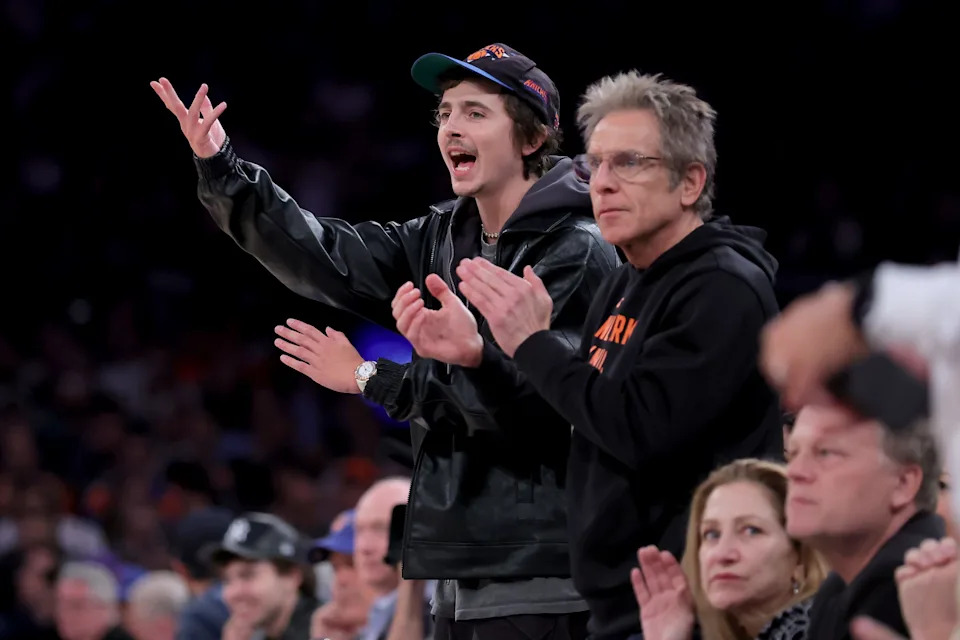 Timothee Chalamet (left) and Ben Stiller reacts during the second quarter of game five of the first round of the 2026 NBA Playoffs between the New York Knicks and Atlanta Hawks at Madison Square Garden on April 28, 2026.