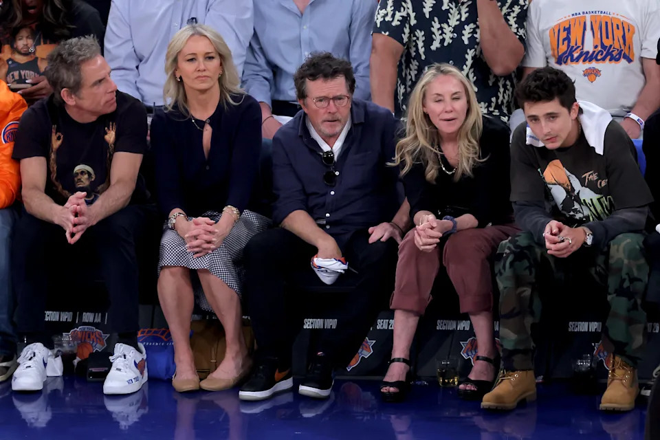 Celebrities sitting court side (left to right) Ben Stiller and Christine Taylor and Michael J. Fox and Tracy Pollan and Timothee Chalamet during Game 1 of the 2026 Eastern Conference finals between the New York Knicks and Cleveland Cavaliers.