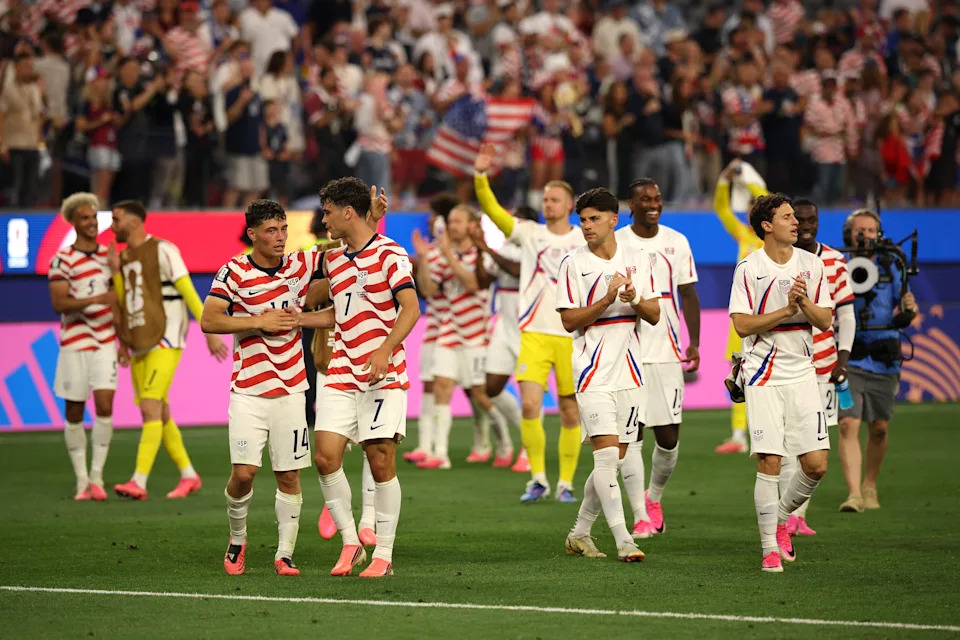 LOS ANGELES, CALIFORNIA - JUNE 12: Sebastian Berhalter #14 and Giovanni Reyna #7 of the United States celebrate after the team's victory in the FIFA World Cup 2026 Group D match between USA and Paraguay at Los Angeles Stadium on June 12, 2026 in Los Angeles, California. (Photo by Jared C. Tilton - FIFA/FIFA via Getty Images)