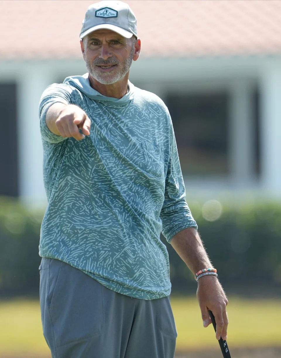 Rocco Mediate signals during play Friday, Feb. 13, 2026. Golfers participated in the opening round of the 2026 Chubb Classic event at Tiburon Golf Course in Naples, FL.