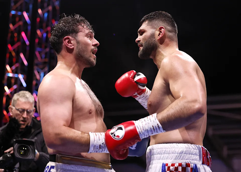David Allen (left) and Filip Hrgovic in the IBF Inter-Continental Heavy weight bout at the Eco-Power Stadium, Doncaster. Picture date: Saturday May 16, 2026. (Photo by Richard Sellers/PA Images via Getty Images)