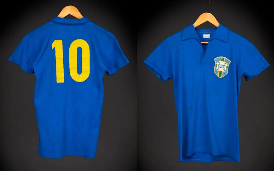 Pelé's legendary number 10 shirt will be offered in an online auction running from June 29 to July 16 (Sotheby’s via AP)