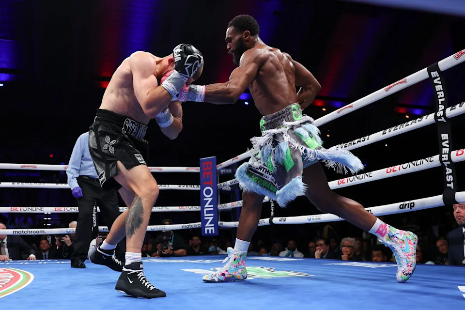 ATLANTIC CITY, NEW JERSEY - APRIL 12: Jaron Ennis (R) and Eimantas Stanionis (L) during their fight for the Ring Magazine, IBF world & WBA world welterweight titles at Jim Whelan Boardwalk Hall on April 12, 2025 in Atlantic City, New Jersey. (Photo by Mark Robinson/Matchroom Boxing/Getty Images)