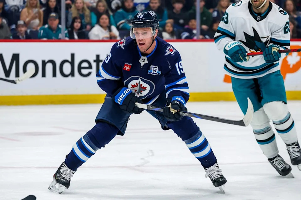 Jonathan Toews skates during the second period action against the <a class="link " href="https://sports.yahoo.com/nhl/teams/san-jose/" data-i13n="sec:content-canvas;subsec:anchor_text;elm:context_link" data-ylk="slk:San Jose Sharks;sec:content-canvas;subsec:anchor_text;elm:context_link;itc:0" data-yga="{"yLinkElement":"context_link","yModuleName":"content-canvas","yLinkText":"San Jose Sharks","ySubModuleName":"anchor_text","yHasCommerce":false}">San Jose Sharks</a> at Canada Life Centre on April 16, 2026 in Winnipeg, Manitoba, Canada. NHLI via Getty Images