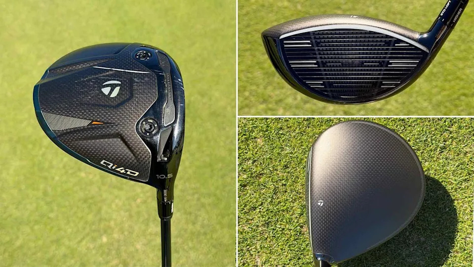 Three views of a black TaylorMade golf driver on grass: close-ups of the clubhead’s top, clubface, and crown, showcasing its textured design and branding—worthy of Nelly Korda at the U.S. Women's Open.