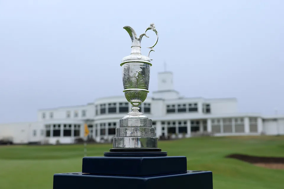 The Claret Jug on the 18th green at Royal Birkdale in Southport, England.