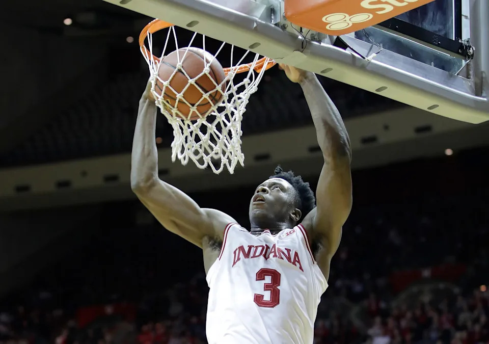 OG Anunoby #3 of the Indiana Hoosiers dunks the ball during the game against the Delaware State Hornets at Assembly Hall on December 19, 2016 in Bloomington, Indiana.