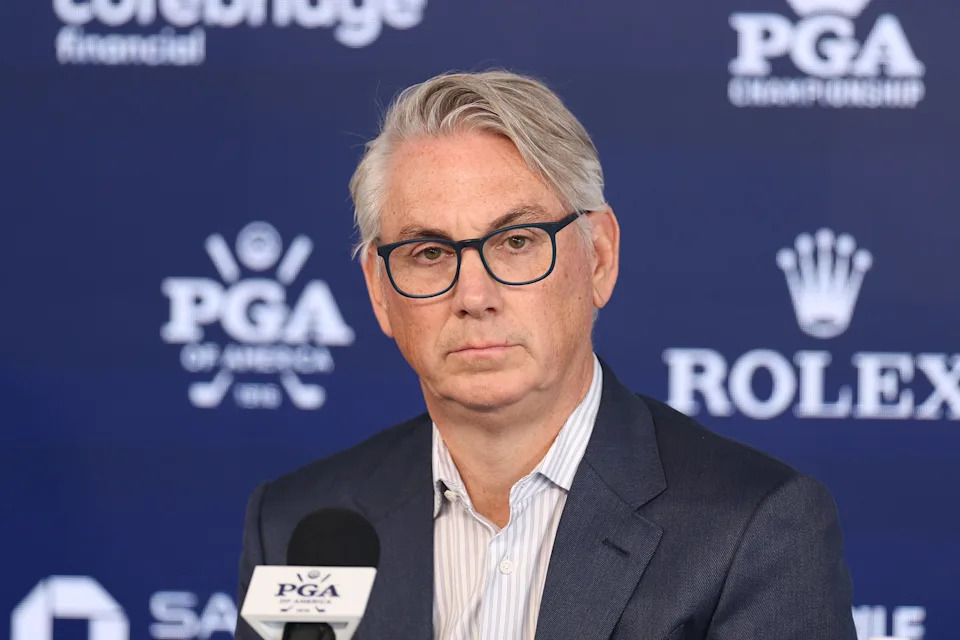 Terry Clark, CEO of PGA of America, talks to the media during a press conference prior to the 2026 PGA Championship at Aronimink Golf Club.