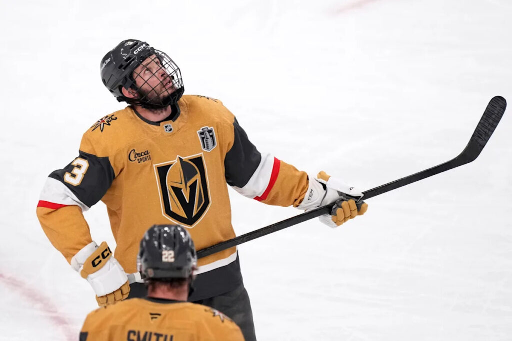 Golden Knights’ Brayden McNabb earns raves after playing with 2 dozen stitches from puck to face