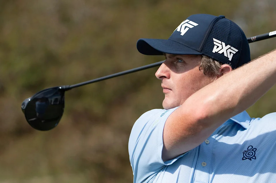 Henrik Norlander follows through on his swing at the driving range during the practice round ahead of the 2025 Sanderson Farms Championship.