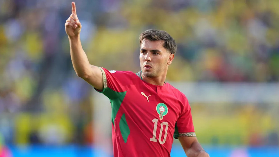 Brahim Diaz celebrates scoring for Morocco