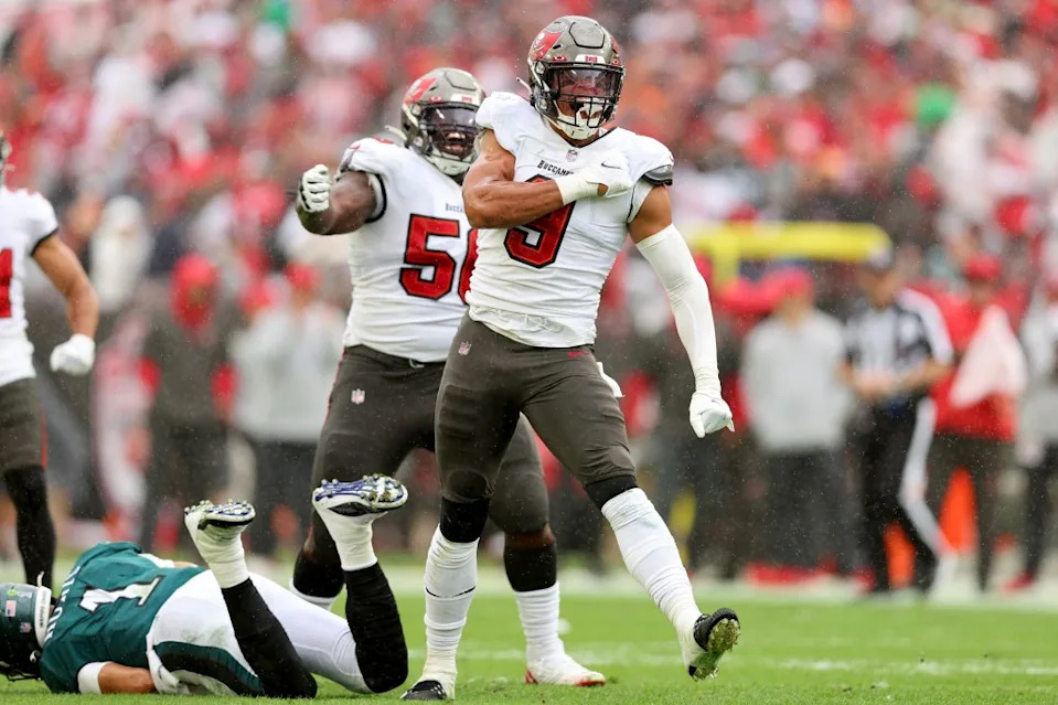 Joe Tryon-Shoyinka of the Tampa Bay Buccaneers celebrates after sacking <a class="link " href="https://sports.yahoo.com/nfl/players/32723/" data-i13n="sec:content-canvas;subsec:anchor_text;elm:context_link" data-ylk="slk:Jalen Hurts;sec:content-canvas;subsec:anchor_text;elm:context_link;itc:0" data-yga="{"yLinkElement":"context_link","yModuleName":"content-canvas","yLinkText":"Jalen Hurts","ySubModuleName":"anchor_text","yHasCommerce":false}">Jalen Hurts</a> of the <a class="link " href="https://sports.yahoo.com/nfl/teams/philadelphia/" data-i13n="sec:content-canvas;subsec:anchor_text;elm:context_link" data-ylk="slk:Philadelphia Eagles;sec:content-canvas;subsec:anchor_text;elm:context_link;itc:0" data-yga="{"yLinkElement":"context_link","yModuleName":"content-canvas","yLinkText":"Philadelphia Eagles","ySubModuleName":"anchor_text","yHasCommerce":false}">Philadelphia Eagles</a>. Getty Images