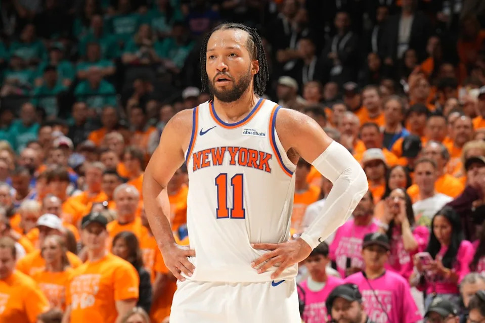 Jalen Brunson of the <a class="link " href="https://sports.yahoo.com/nba/teams/new-york/" data-i13n="sec:content-canvas;subsec:anchor_text;elm:context_link" data-ylk="slk:New York Knicks;sec:content-canvas;subsec:anchor_text;elm:context_link;itc:0" data-yga="{"yLinkElement":"context_link","yModuleName":"content-canvas","yLinkText":"New York Knicks","ySubModuleName":"anchor_text","yHasCommerce":false}">New York Knicks</a> looks on during the game against the San Antonio Spurs during Game One of the 2026 NBA Finals on June 3, 2026 at Frost Bank Center in <a class="link " href="https://sports.yahoo.com/nba/teams/san-antonio/" data-i13n="sec:content-canvas;subsec:anchor_text;elm:context_link" data-ylk="slk:San Antonio;sec:content-canvas;subsec:anchor_text;elm:context_link;itc:0" data-yga="{"yLinkElement":"context_link","yModuleName":"content-canvas","yLinkText":"San Antonio","ySubModuleName":"anchor_text","yHasCommerce":false}">San Antonio</a>, Texas. NBAE via Getty Images