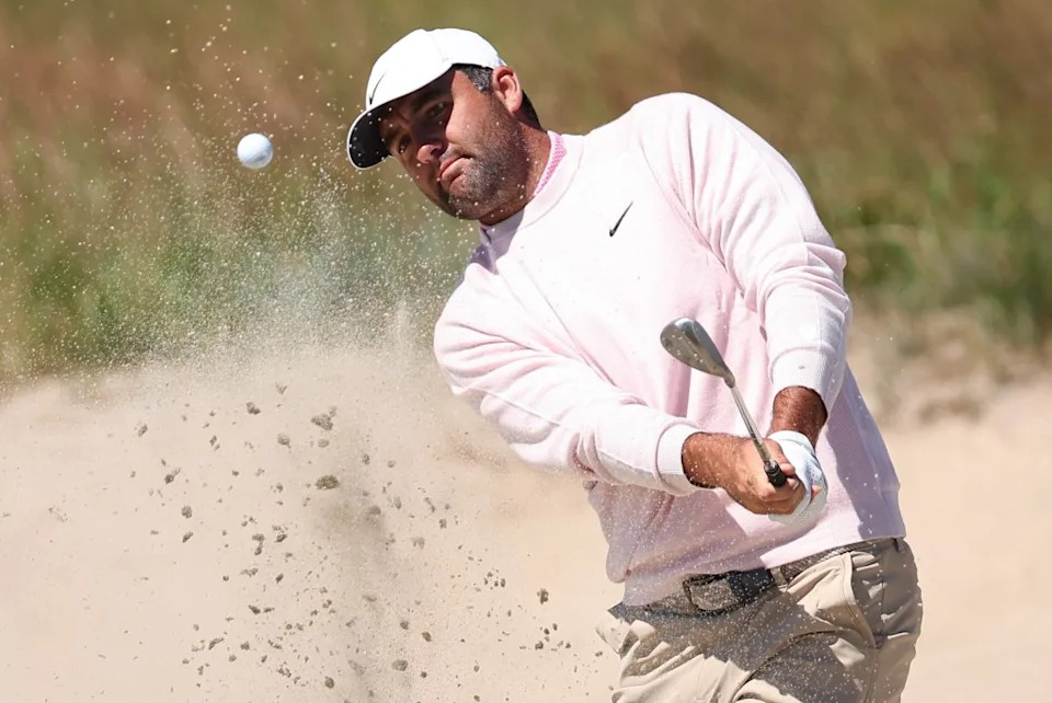 Scottie Scheffler hits a ball out of the bunker during his U.S. Open practice round on June 16, 2026. Bill Streicher-Imagn Images