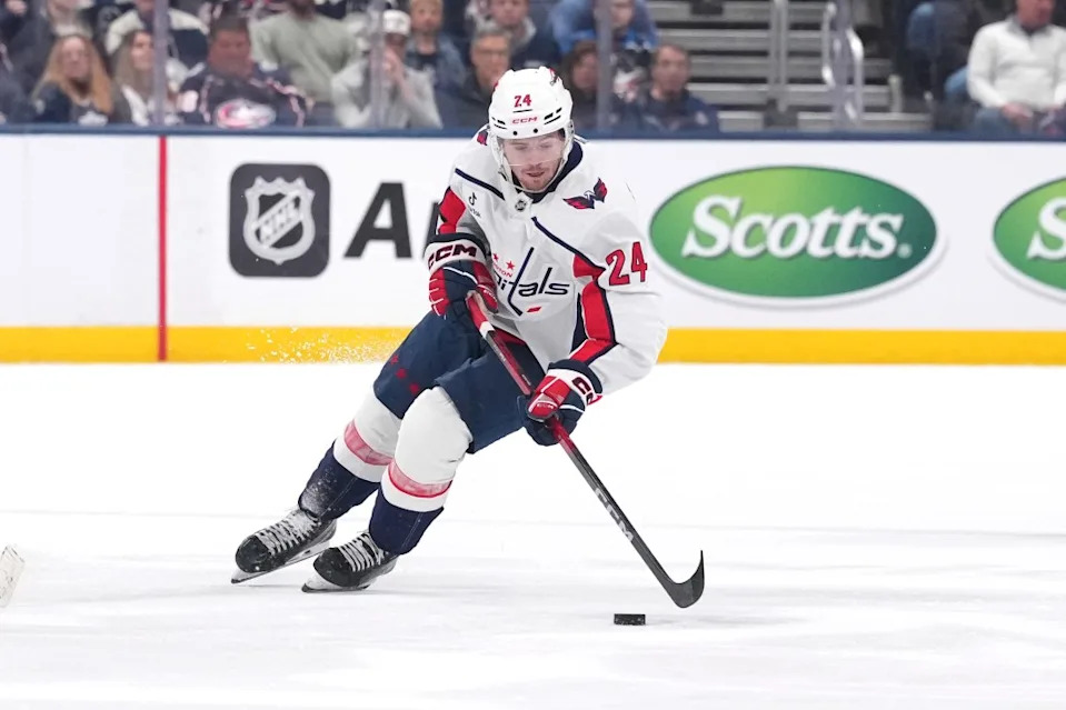 Connor McMichael of the <a class="link " href="https://sports.yahoo.com/nhl/teams/washington/" data-i13n="sec:content-canvas;subsec:anchor_text;elm:context_link" data-ylk="slk:Washington Capitals;sec:content-canvas;subsec:anchor_text;elm:context_link;itc:0" data-yga="{"yLinkElement":"context_link","yModuleName":"content-canvas","yLinkText":"Washington Capitals","ySubModuleName":"anchor_text","yHasCommerce":false}">Washington Capitals</a> seen in action during the game against the <a class="link " href="https://sports.yahoo.com/nhl/teams/columbus/" data-i13n="sec:content-canvas;subsec:anchor_text;elm:context_link" data-ylk="slk:Columbus Blue Jackets;sec:content-canvas;subsec:anchor_text;elm:context_link;itc:0" data-yga="{"yLinkElement":"context_link","yModuleName":"content-canvas","yLinkText":"Columbus Blue Jackets","ySubModuleName":"anchor_text","yHasCommerce":false}">Columbus Blue Jackets</a> at Nationwide Arena on April 14, 2026 in Columbus, Ohio. Getty Images