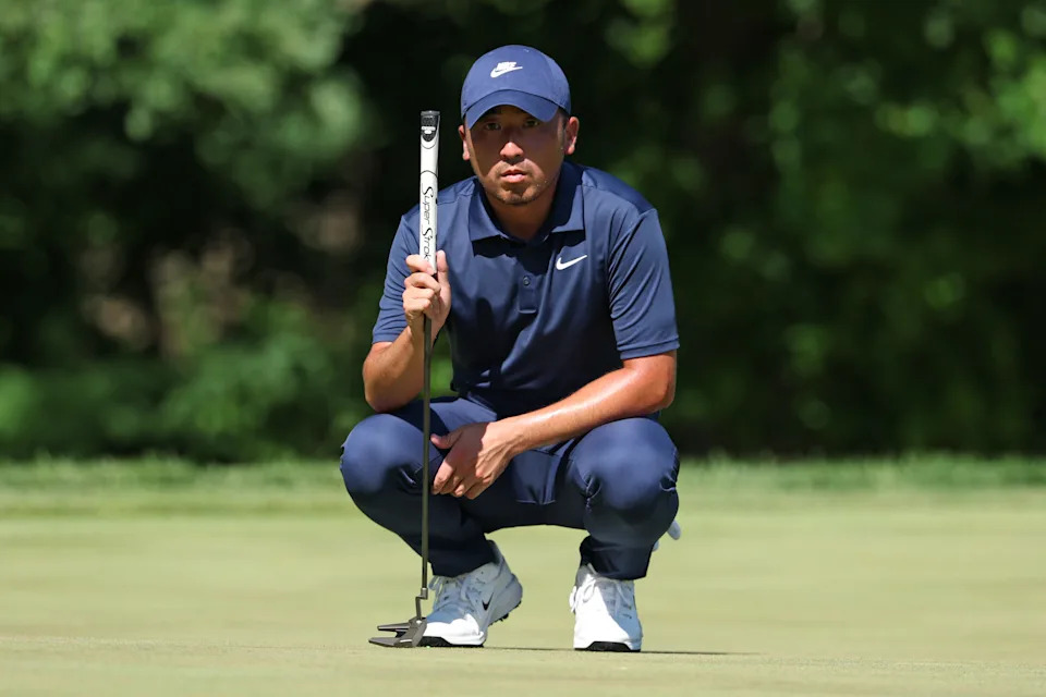 Doug Ghim of the United States lines up a putt on the 12th green during the first round of the John Deere Classic 2025 at TPC Deere Run on July 03, 2025 in Silvis, Illinois.