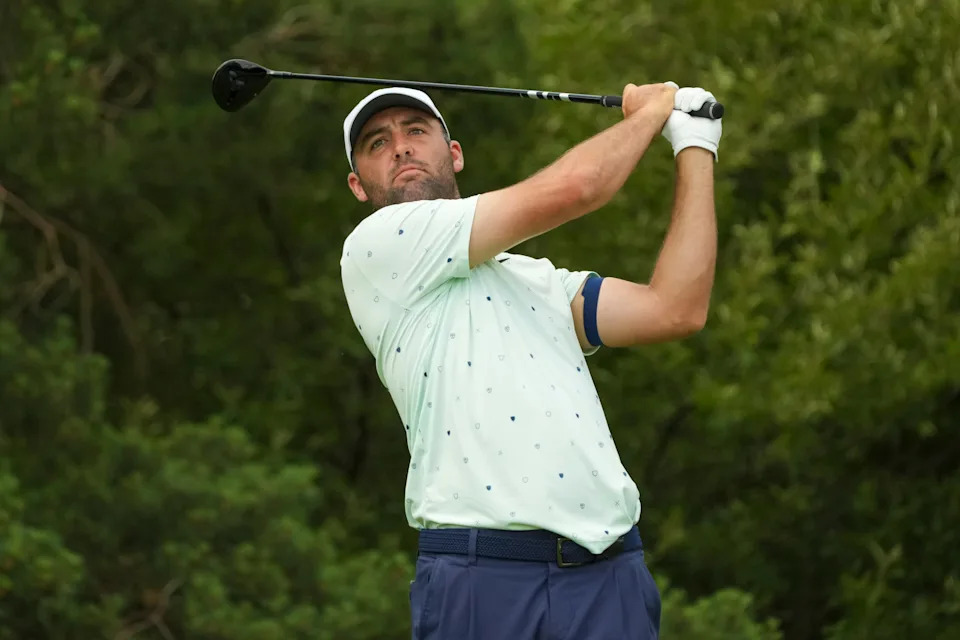 Scottie Scheffler tees off on the second hole during the second round of the 2026 Memorial Tournament.