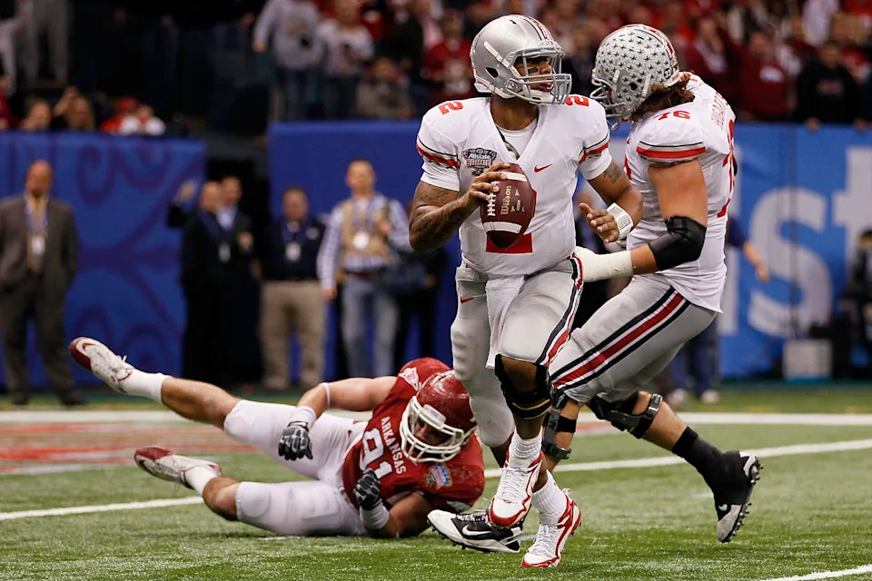 NEW ORLEANS, LA - JANUARY 04:  Quarterback Terrelle Pryor #2 of the Ohio State Buckeyes looks to run against the Arkansas Razorbacks during the Allstate Sugar Bowl at the Louisiana Superdome on January 4, 2011 in New Orleans, Louisiana.  (Photo by Kevin C. Cox/Getty Images)