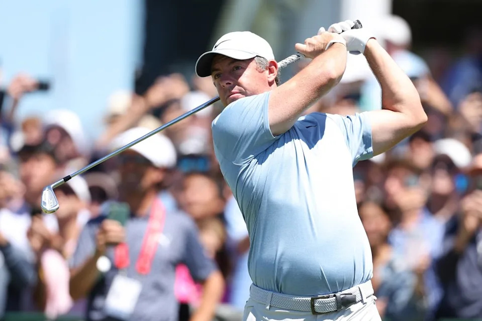 Rory McIlroy hits a tee shot on the first hole of his U.S. Open practice round at Shinnecock Golf Course on June 16, 2026. ill Streicher-Imagn Images