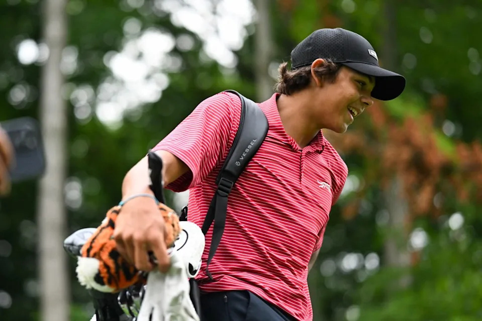 Charlie Woods reacts on the 18th hole tee box during the third round of the 2025 Junior PGA Championship at Birck Boilermaker Golf Complex on Thursday, July 31, 2025 Getty Images